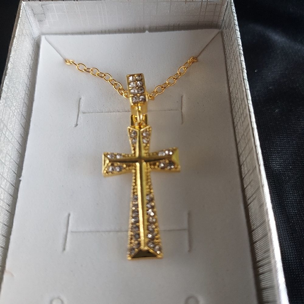 GOLD DIAMOND CROSS UNISEX NECKLACE - Picture 4 of 8